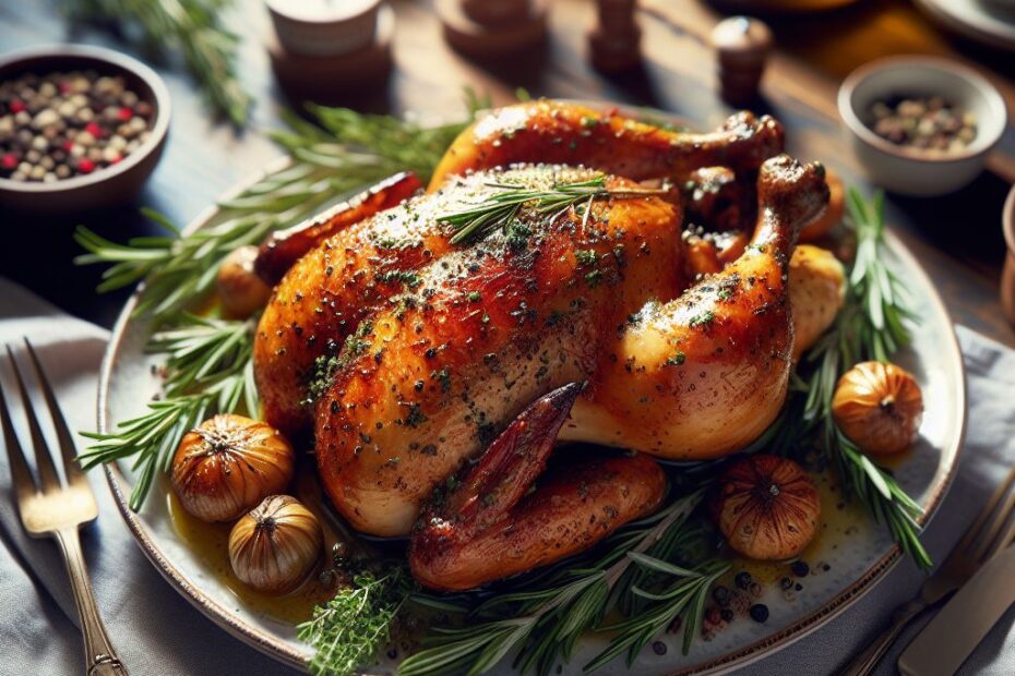um frango assado num prato com alecrim e especiarias