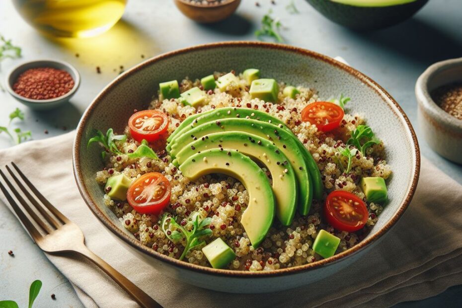 uma tigela de salada de quinoa com fatias de abacate e tomate
