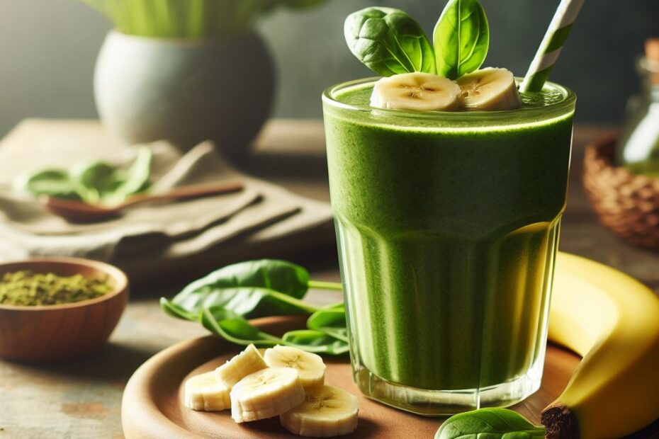 um smoothie verde com rodelas de banana e espinafre em uma placa de madeira