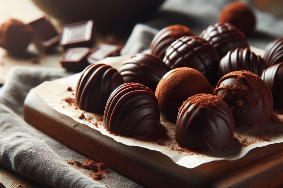 um grupo de chocolates em uma tábua de madeira